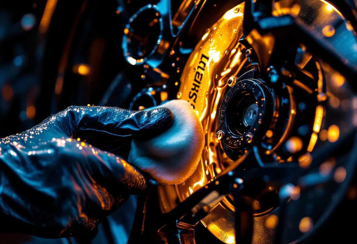 A gloved hand polishing a gold brake caliper