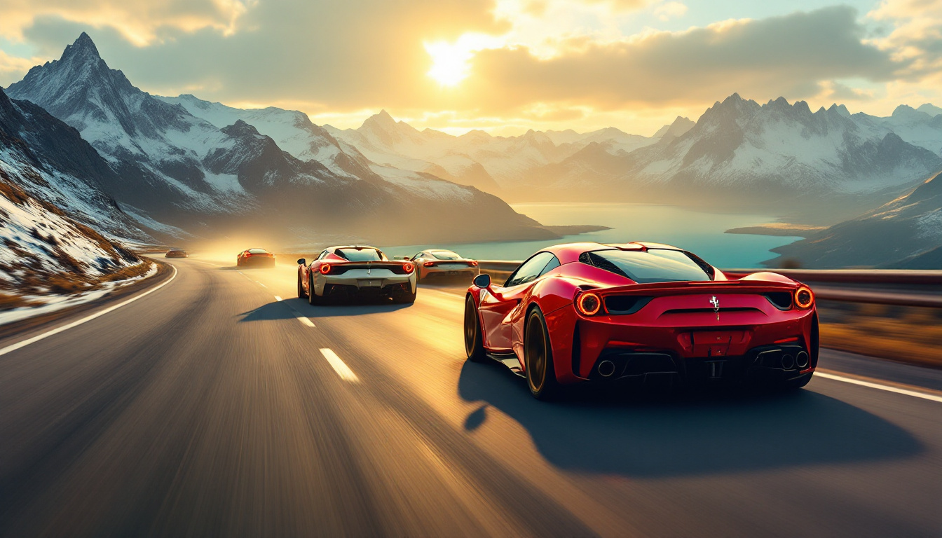 A convoy of supercars on an alpine pass at golden hour