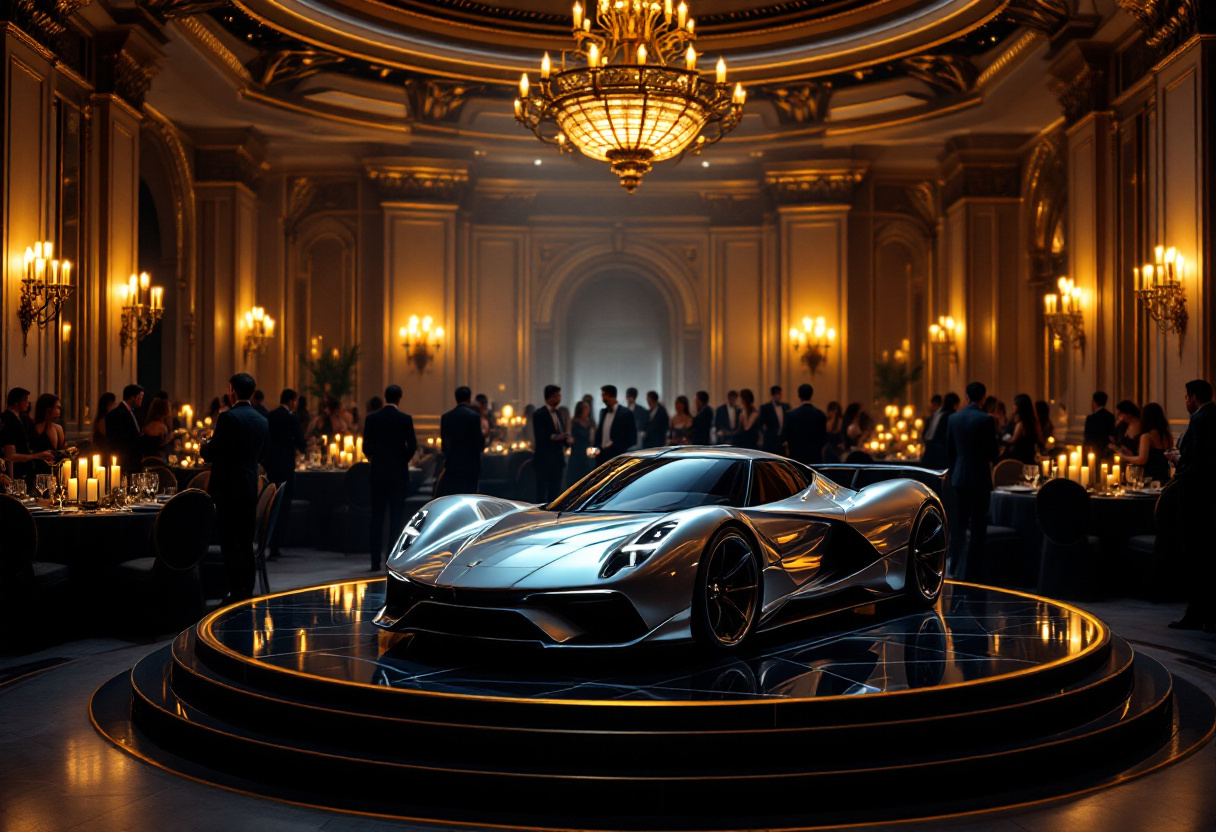A silver hypercar on a plinth in a candlelit ballroom
