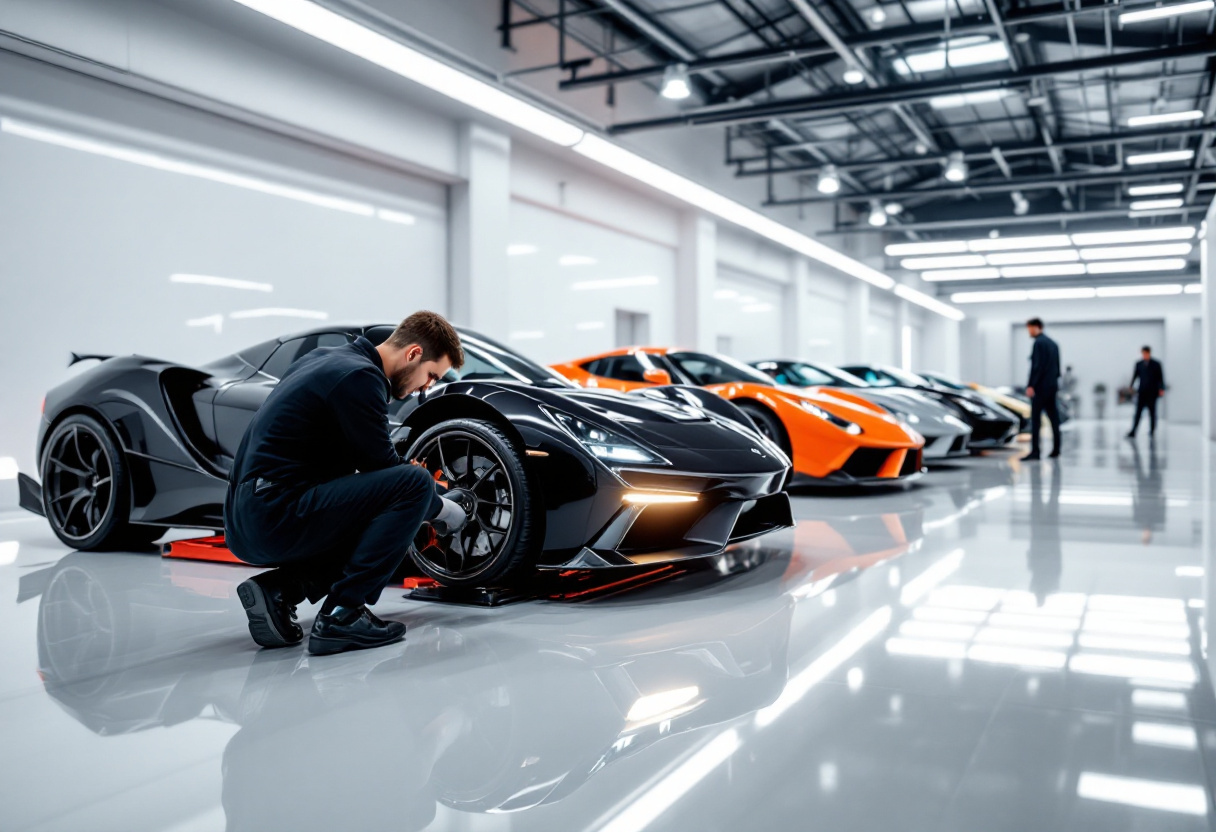 A private fleet under care in a white atelier garage