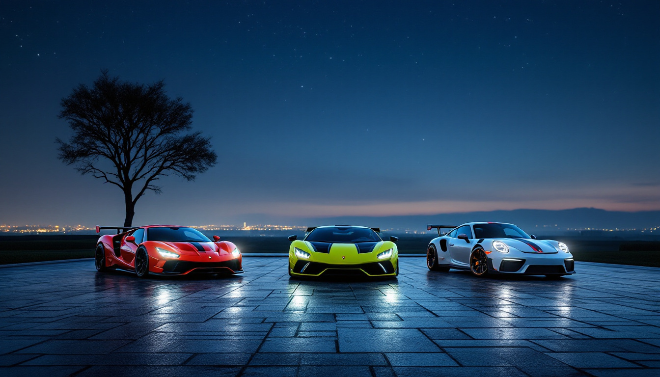 Three supercars at night above a distant city
